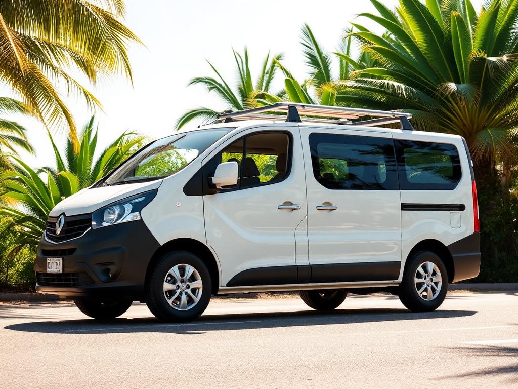 Placeholder image: white air-conditioned 7-passenger tourist mini van parked under palm trees in Sri Lanka